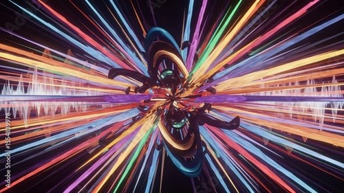Vibrant abstract design with dynamic light streaks and sound waves in a dark background