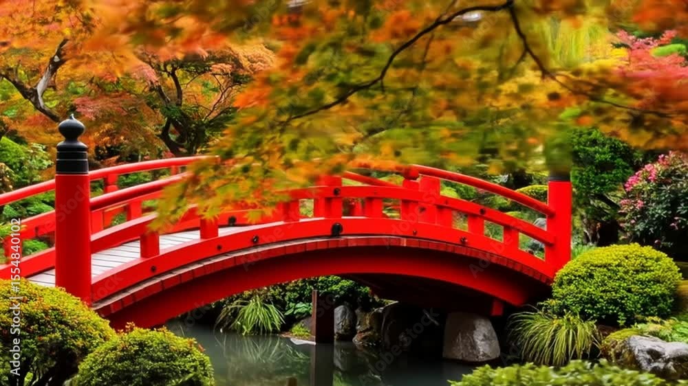 Red bridge in autumn garden