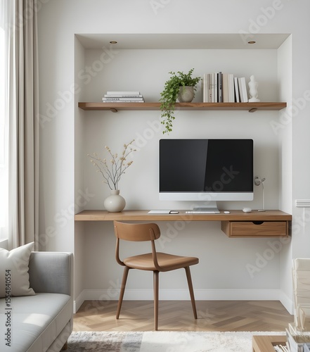 The Integrated Nook. A compact, stylish remote work setup seamlessly built into a modern living space. The future of hybrid life.
