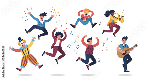 Group of diverse people jumping and celebrating, including a clown, musician, and saxophone player. Confetti and music notes float around.