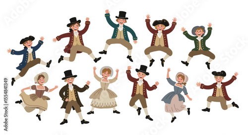 Joyful colonial-era figures leap and celebrate in a lively, illustrated scene.