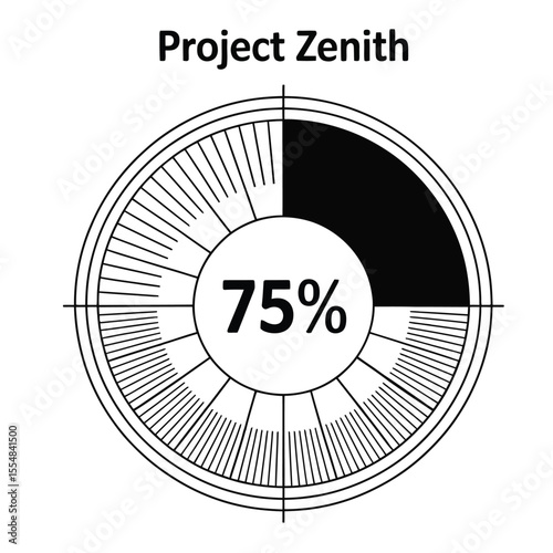 Black and white circular progress tracker vector showing 75% completion for Project Zenith with clean radial symmetry