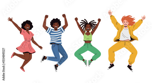 Four diverse people jumping in joy, expressing happiness and excitement.