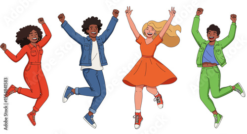 Four diverse joyful people exuberantly leap for joy, celebrating success with raised arms and bright clothing.