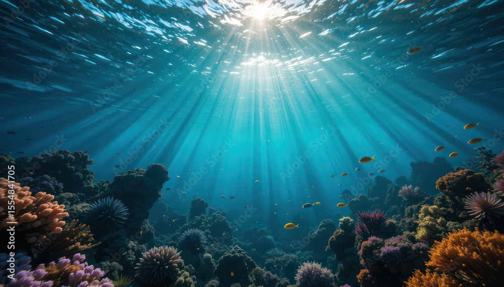 Fototapeta premium Sunlight beams through the turquoise water, illuminating a vibrant coral reef teeming with small fish.