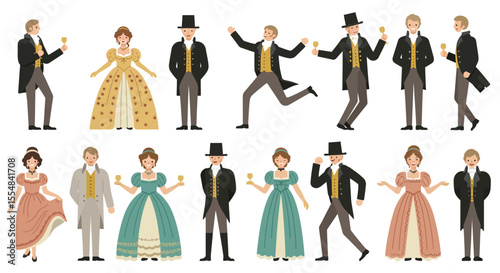 Elegant men and women in 19th-century attire, joyfully socializing at a formal event.