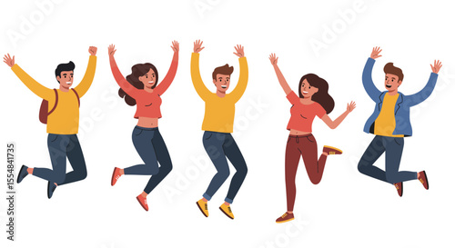 Five diverse individuals joyfully leaping with arms raised in celebration, isolated.