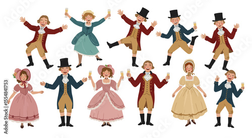 Group of people in historical clothing, raising glasses in celebration, isolated on white background.