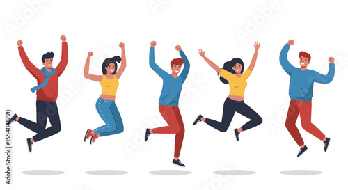 Group of joyful people jumping in celebration, expressing happiness and excitement.