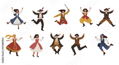 Joyful group of people in Renaissance-style clothing leaping and celebrating.