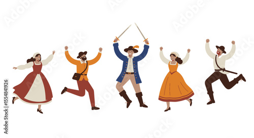 Five people in historical attire celebrating with raised arms and swords.