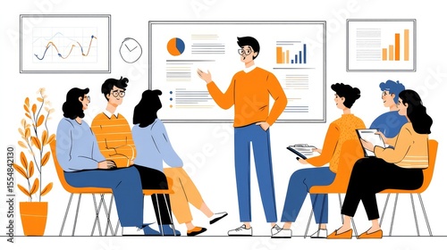 A product manager presenting the status of a product to a group of stakeholders, with visual aids and progress trackers.