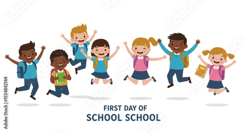 Joyful schoolchildren leap with excitement on their first day back at school.
