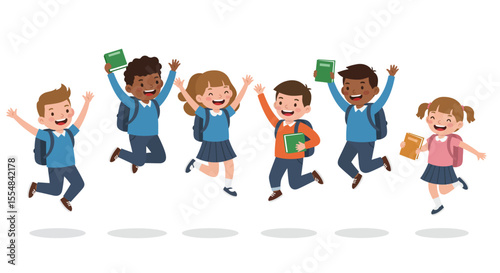 Cheerful group of diverse students jumping joyfully with books, celebrating.