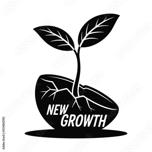 A black and white vector illustration of a seedling emerging from a cracked seed symbolizing growth