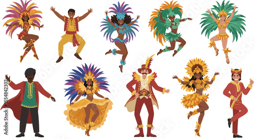 Vibrant Samba dancers in colorful costumes joyfully perform at Carnival.