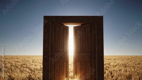 Open door standing in a golden field at sunset revealing warm light and possibilities ahead