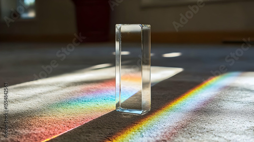 Clear rectangular prism casts vibrant rainbow light patterns on a carpeted floor. Sunlight streams through a window, creating a spectrum of colors on the surface
