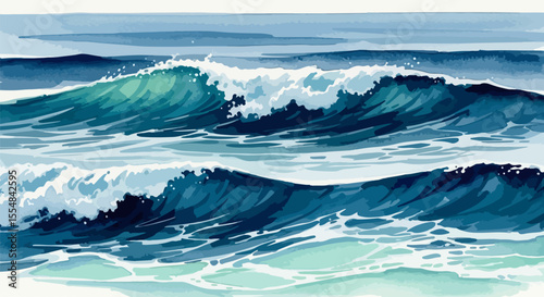A dynamic abstract watercolor art piece capturing the motion of ocean waves using fluid brushwork and calming blue tones, ideal for coastal-themed interiors.