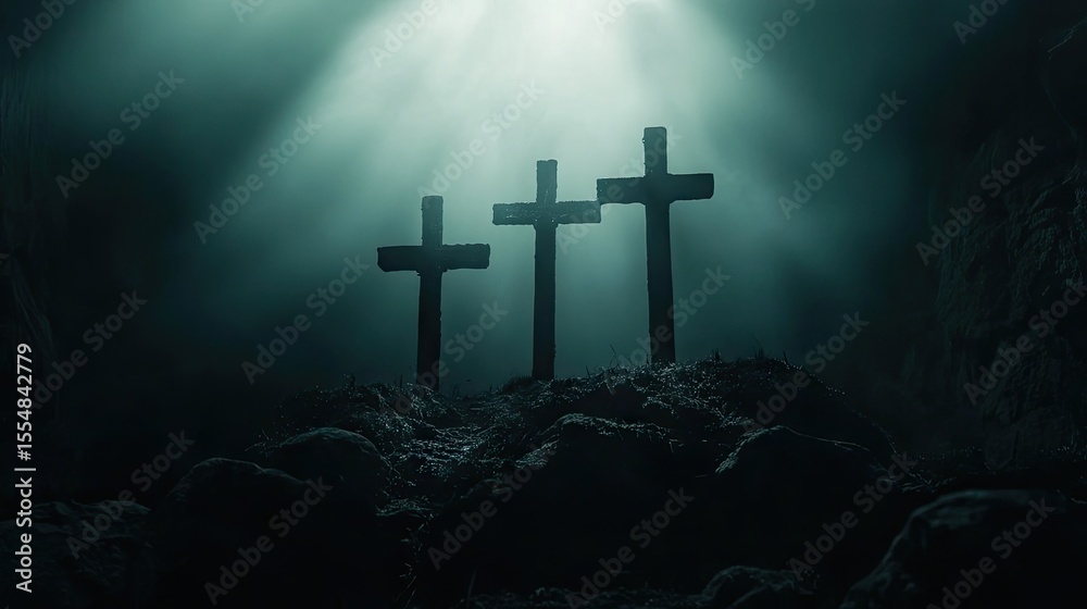 Fototapeta premium Three crosses in a dimly lit, misty landscape.
