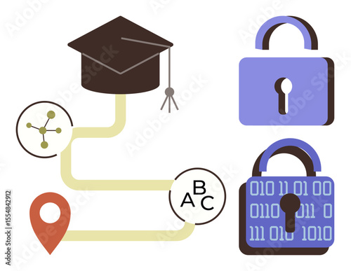 Graduation cap, location pin, network connection, and two locks emphasize secure learning pathways. Ideal for education, cybersecurity, online courses, data protection, e-learning professional