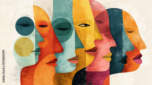 Retro-inspired hand-drawn illustration featuring colorful abstract faces within circular frames