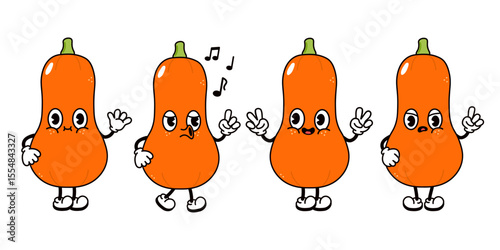 Four cute butternut squash characters display various emotions and gestures in a cartoon style.