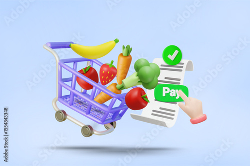 3D Vector Illustration Render of Purple Shopping Cart with Various Organic Fruits and Vegetables with Receipt and PAY Button with Finger Pressing Pay. Online Shopping Concept via Fast Ordering Service