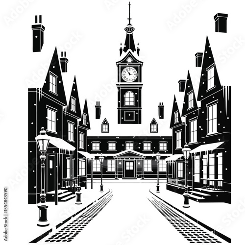 Black and white vector illustration of a snow-covered January townscape with clock tower and cobblestone street