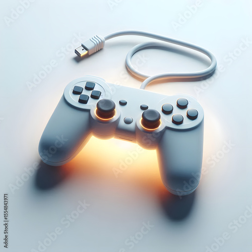 3D render of game controller with glowing buttons, minimal style, white background
