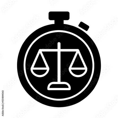 Stopwatch with justice scale icon symbolizing timely legal judgment – filled version