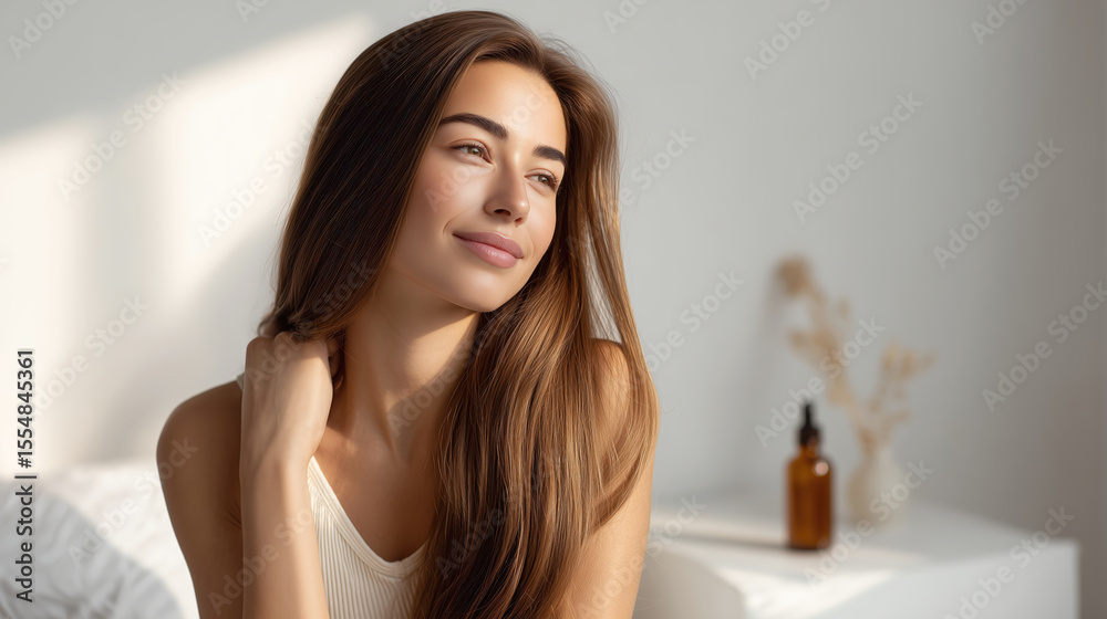 Naklejka premium Relaxing portrait of a young woman in a bright room lifestyle
