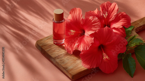 Hibiscus flowers and perfume bottle floral arrangement indoor aesthetic view