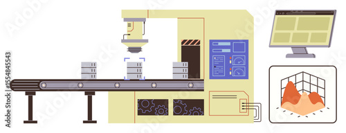 Industrial robotic arm stacking boxes on conveyor belt, accompanied by data analysis monitor displaying 3D graph. Ideal for automation, manufacturing, robotics, industry, production, logistics