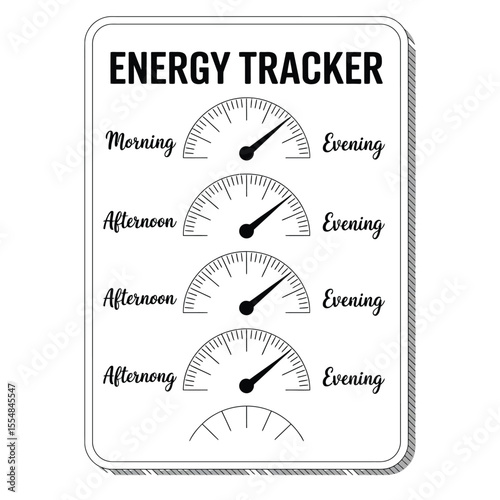 Black and white vector illustration of an energy tracker worksheet with circular gauges for morning, afternoon, and evening levels