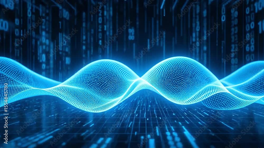 Animated binary numbers forming wave symmetry on futuristic holographic screen