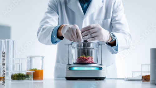 A lab technician mixing ingredients in a high-tech food processor, symbolizing the precision of modern food formulation