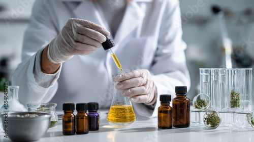 A lab technician blending essential oils in a modern laboratory, symbolizing the science behind natural skincare treatments