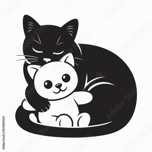 Adorable vector illustration of a cat snuggling a kitten in a loving and playful embrace.