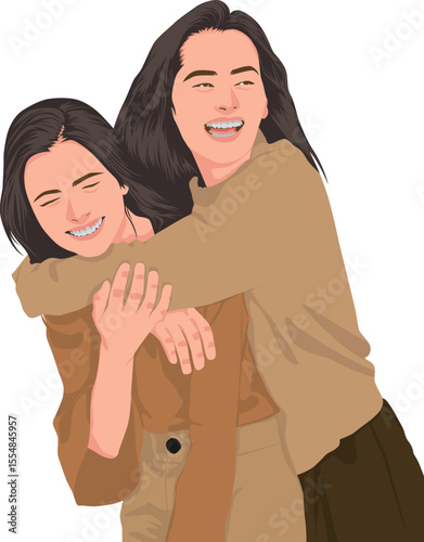 Two Happy Friends Hugging and Laughing Together in Stylish Clothing