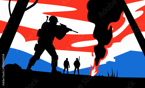 Soldiers in Battlefield with Explosion and Smoke - War Vector Illustration