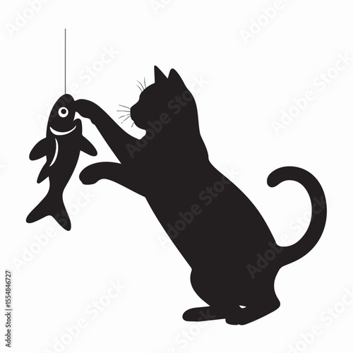Playful silhouette of a black cat reaching for a fish hanging from a string on a white background