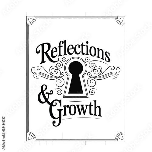 Black and white vector journaling cover with elegant "Reflections & Growth" title and ornate keyhole framed by vintage filigree and geometric background