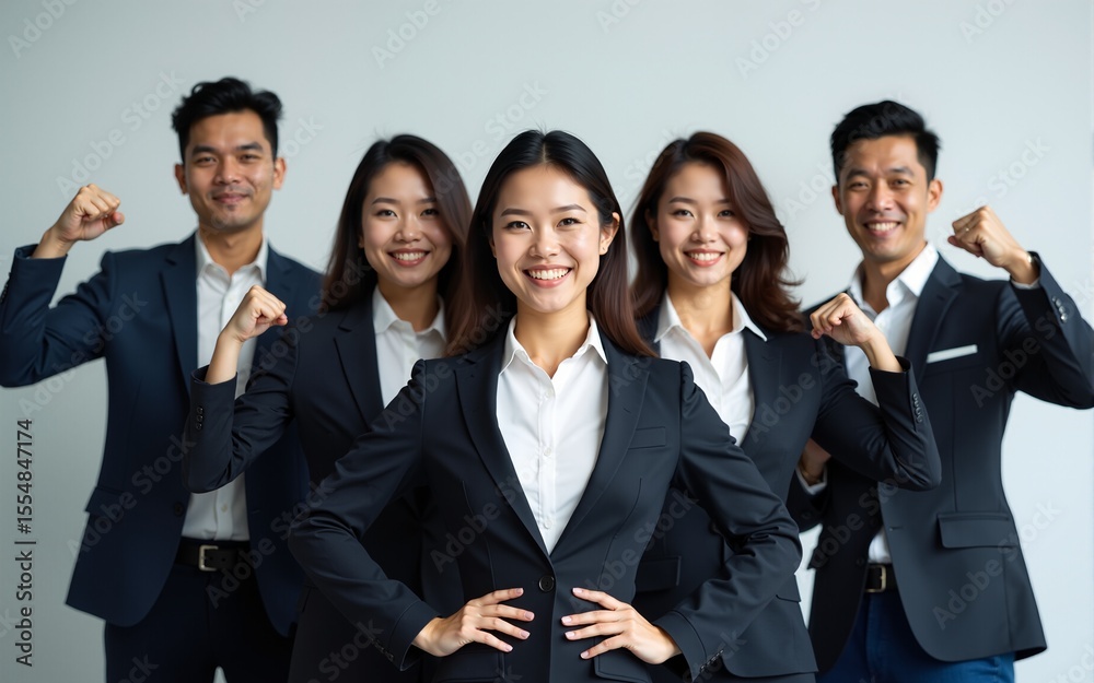 Confident Asian businesspeople in powerful poses, donning business suits, symbolizing a dynamic corporate team. Captivating unity and professionalism. generative AI. High quality Confident Asian businesspeople in powerful poses, donning business suits, symbolizing a dynamic corporate team. Captivating unity and professionalism. generative AI. High quality