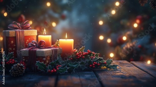 Christmas candles and wrapped gifts on rustic wooden table with holly berries and pinecones, glowing festive lights in cozy holiday scene. Warm celebration.