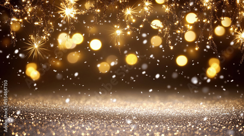 Christmas festive golden bokeh lights with snowflakes falling on glitter background creating warm holiday celebration atmosphere. Magical winter scene.