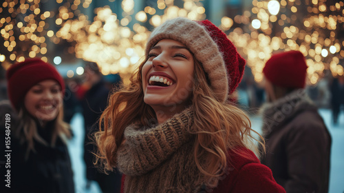 Christmas outdoor scene with happy young woman laughing in warm hat and scarf, festive bokeh lights in background, joyful holiday atmosphere.