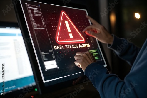 System warning alert on virtual interface with hand interaction. Concept of cybersecurity risk, data breach, malware, hacking, IT failure, and digital system vulnerability in modern technology.
