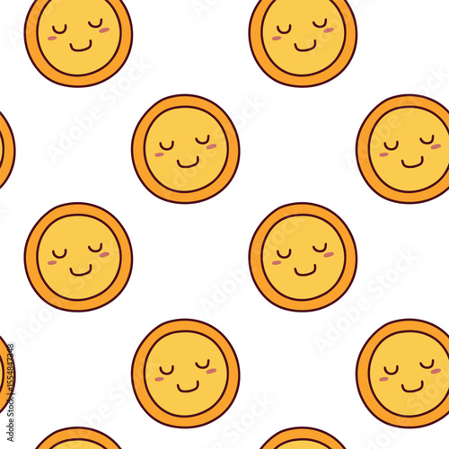 Pattern with simple hand drawn sleepy sun faces in round yellow shapes, closed eyes and peaceful expressions arranged in repeat