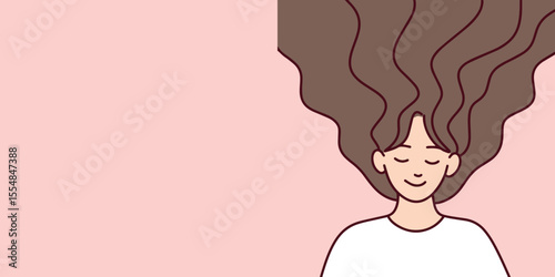 Portrait of dark skinned woman with eyes closed and long wavy hair, calm and peaceful expression in soft emotional style, banner, copy space